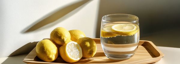 A wooden tray holding a glass of water with a floating lemon slice, alongside a small pile of fresh, whole and halved lemons.