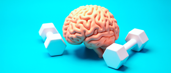 A 3D-rendered image of a human brain placed between two white dumbbells on a bright blue background