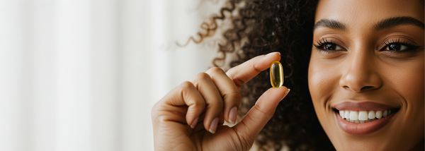Woman smiling while holding a fish oil capsule